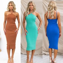 Casual Dresses Summer Women's Strap Hanging Neck Open Back Long Dress Sexy Solid Colour Tight Fit