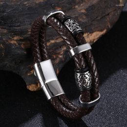 Charm Bracelets Punk Double-Layer Genuine Leather Bracelet Men Stainless Steel Accessories Wristband Viking Couple Jewellery Handmade Gifts