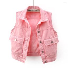 Women's Vests Fashion Pink Denim Vest Women Waistcoat Korean Big Pocket Cowboy Sleeveless Jacket Coat Loose Short Student Jeans Female