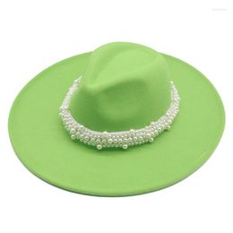 Berets Fedora Hats 9.5cm Big Large Brim Men Women Winter Autumn Pearl Belt Elegant Felt Khaki White Hat Jazz Caps