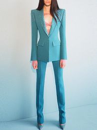 Women's Two Piece Pants Pantsuits Blazer Suit Blue Drill Diamonds Collar Single Button Pencil Office Trousers Wear Pieces Sets