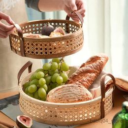Storage Baskets Hand-woven Rattan Storage Basket Trays with Handle for Fruit Bread Sundries Flower Girl Basket Kitchen Organiser R230726