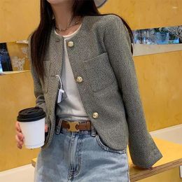 Women's Jackets Xiaoxiangfeng Woven Tweed With Gold Silk Short Coat Spring Round Neck Wide Shoulder Pulled High Show Thin Top