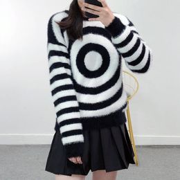 Women's Sweaters 2023 Autumn Winter Thick Warm Mohair Sweater Women Round Neck Black White Archery Target Striped Fashion Loose Pullover