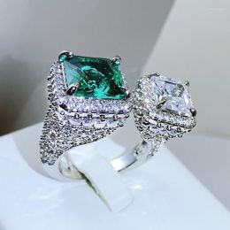 Cluster Rings Exaggerated Colourful Treasure Green Emerald Square Zircon Opening Ring Female 925 Silver Full Diamond Temperament Wild Gift