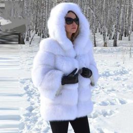 Women's Fur Winter Warm Faux Overcoat Women Luxury Long Coat With Hood Elegant High Quality Thicken Fluffy Jacket