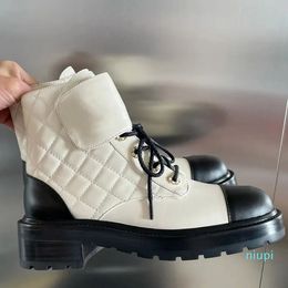 Fashion boots autumn and winter short lace up nude thick sole heel leather color matching Martin boots 's work motor vehicle women's shoe Women' dress Leisure