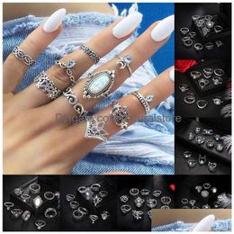 Cluster Rings Stacking Ring Set Retro Midi Knuckle Crown Lotu Leaf Star Elephant Moon Charm For Women Fashion Jewellery Gift Will And Dr Dhkdo