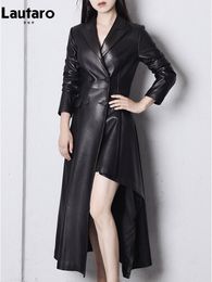 Women's Trench Coats Lautaro Autumn Luxury Elegant Chic Long Asymmetrical Black Pu Leather Trench Coat for Women with Back Slit Fit and Flare Clothes 230725
