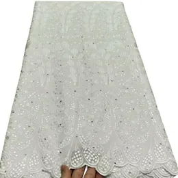 Ladies White Perforated Cotton Fabric Tulle Sewing Chic Lace Style Swiss Cloth with Stones Wedding Party Formal Dress High Design Bride 5 Yards Switzerland YQ-8009