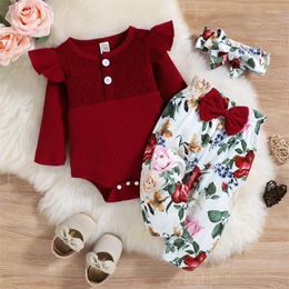 Clothing Sets Infant Girl Jumpsuit 3Pcs Suit Solid Jacquard Long Sleeve O-Neck Ruffle Romper Floral Print Pants Headband 3-24 Months