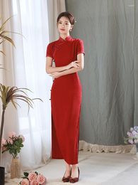 Ethnic Clothing Chinese Classic Women's Mandarin Collar Red Qipao Elegant Long High Split Cheongsam Short Sleeve Wedding Party Dress