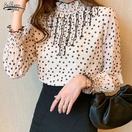 Womens Blouses Shirts Lady Casual Long Sleeve Standcollar Polka Dot Printed Chiffon Blusas Tops Women Spring Autumn Style Blouse 13098 230726