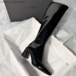 Boots Boots 2022 New Fashion Black Knee High Women Boots Leather Designer Shoe Slim Women Shoes Rock Square Toe Zip Closure High Boots J220923 Z230726