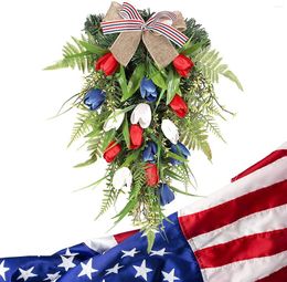Decorative Flowers July 4th Wreaths For Front Door | Summer Red White Blue Tulip Artificial Floral Welcome Garland Memor