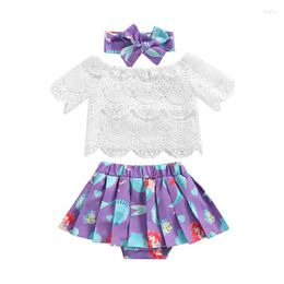 Clothing Sets Baby Girl Three Piece Outfits Infant Short Sleeve Floral Lace Tops Printed Matching Ruffle Skirt Shorts Headband