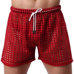 Mens Sleepwear Shorts Big Mesh Honeycomb Net Men's Home Pyjamas Shorts Sexy Nylon Sleep Bottom Mens Sheer Pyjamas