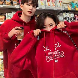 Men's Hoodies Christmas Red Hoodie Men Fleece Autumn And Winter Pullover Elk Print For Casual Loose Couple Clothing Korean Fashion