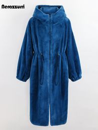 Fur Nerazzurri Winter Long Oversized Thick Warm Blue White Black Faux Fur Coat Women with Hood Zip Up Loose Fluffy Jacket