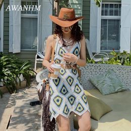 Casual Dresses Ethnic Style Suspender Dress Bohemian Vacation V-neck Hand Woven Hook Flower Diamond Shape Summer