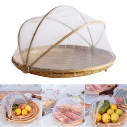 Storage Baskets Hand-Woven Food Tent Basket Tray Vegetable Bread Fruit Container Net Mesh Cover Anti Dust Proof Outdoor Picnic