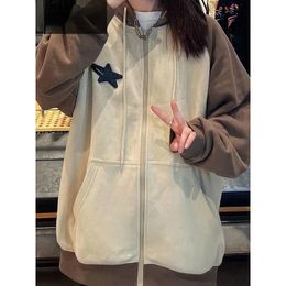 Womens Hoodies Sweatshirts Deeptown Vintage Kpop Star Khaki Patchwork Hoodie Women Korean Fashion Zip Sweatshirt Harajuku Streetwear Casual Oversize Coat 230725