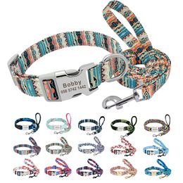 Dog Collars Leashes Nylon Printed Dog Collar Leash Set Personalised Pet Dog Collar Necklace Free Engraved ID Tag Nameplate For Small Medium Dogs 230725