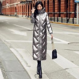 Women's Down Winter 2023 Grey Cotton Coat For Women Long Over Knee Hooded Parkas Bright Face Wash Slim Thick Warm Jacket Female