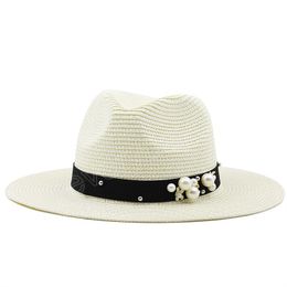 Summer Paper Straw Jazz Hat Women Wide Brim Sun Protection Beach Cap Unisex Wedding Fedora Hat Vintage Pearl Female