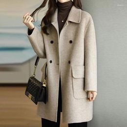 Women's Jackets Women Solid Wool Blend Coat Female V-neck Button Outwear Medium Length Double Breasted Black Classic College Style