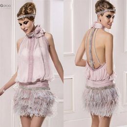 Vintage Great Gatsby Pink High Neck Short Prom Formal Dresses with Feather Sparkly Beaded Backless Cocktail Party Occasion Gown2546