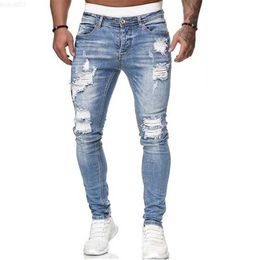 Men's Jeans 5 styles of torn tight fitting blue hip-hop Trauss men's jogging jeans 230410 L230726