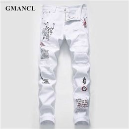 Men's New Men Streetwear personality Ripped printed white skinny Jeans Hip Hop Punk Casual motorcycle stretch denim jeans trousers 210318 L230726