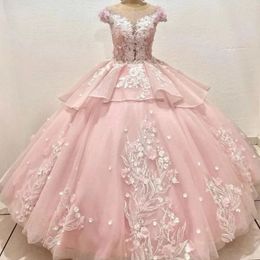 Pink Luxury Sweet 15 Party Flower Quinceanera Dresses Lace Crystal Beading 3DFlower Back Pearls Neck Vestidos De 15 Anos