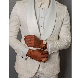 Men's Suits & Blazers Style Groomsmen IVory Pattern Groom Tuxedos Shawl SAtin Lapel Men 2 Pieces Wedding Man Jacket Pants Tie236T