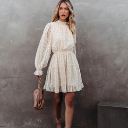 Casual Dresses Spring Jaquare Turtleneck Women Short Dress Puff Sleeve Office Lady Verstido Elegant Chic White Lace Ruffle A-line