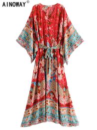 Basic Casual Dresses Vintage chic women red floral print bat sleeve beach Bohemian dresses Kimono Ladies V neck sashes Boho maxi dress vestidos 230726