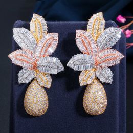 Stud CWWZircons 3 Tone Gold Colour Luxury Large Leaf Drop Flower Micro Cubic Zirconia Pave Naija Wedding Party Earring for Women CZ644 230725