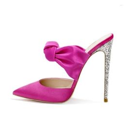 Dress Shoes Fuchsia Satin Bowtie Knot Pointed Toe High Heel Mules Glitter Sequin Thin Heels Slip On Summer Slippers Size 42