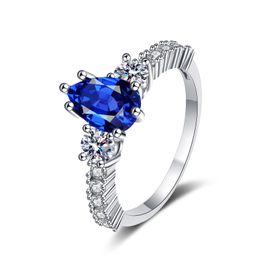2023 Hot Selling 100% S925 Sterling Silver New Droplet Blue Crystal Ring European and American Personalised Women's Gem Ring