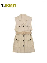 Women's Vests TELLHONEY Women Fashion Notched Collar Single Breasted With Pockets Vest Lady Casual Sleeveless Mini Khaki Outfits