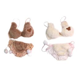 Bras Womens Lolita Kawaii 2pcs Bra Panty Set Cute Bear Embroidery Fluffy Faux Fur Underwire Underwear Plush Ball Bow Japanese Anime