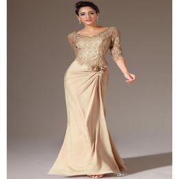 Selling Champagne Modest Mother of the Bride Dresses Long Mermaid Style Lace Chiffon V-Neck 3 4 Long Sleeve Evening Formal Gow161q