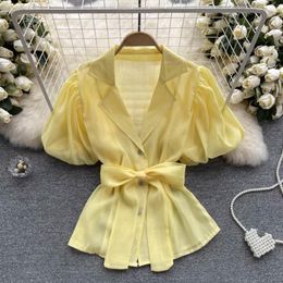 Women's Blouses Runway Solid Color Turn Down Collar Puff Short Sleeve Summer Design Mesh Perspective Chiffon Clothing With Belt