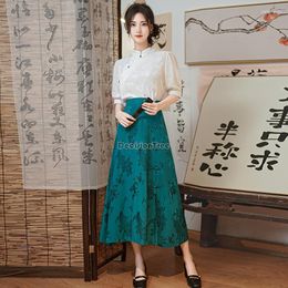 Ethnic Clothing 2023 Chinese National Style Half Body Skirt Blue Jacquard High Waist A-line Slit Buckle Retro Two-piece Qipao Set