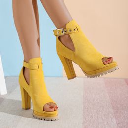 Dress Shoes Women Shoes Ankle Boots Woman Sexy High Heels Pattern Chunky Heel Shoes Ladies Yellow Female Open Toe Women's Sude Boots 230726