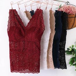 Women's Tanks In Tank Top V-neck Skeleton With Pads Spaghetti Straps All-Match Sexy Lace Long Bra Crochet Vest Inside Wear