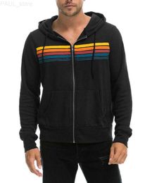 Men's Hoodies Sweatshirts Rainbow Stripe Long Sleeve Sweatshirt Zipper Pocket Coat Spring Autumn Casual Fashion Jacket L230727