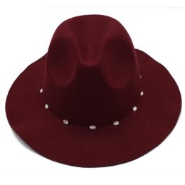 Berets Fashion Claret Hat Women Jazz Fedora Hats With Diamond Wide Brim Panama Trilby Cap Headgear Chapeau For Female Ladies