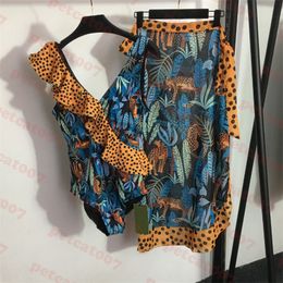 Leopard Womens Swimwear Beach Skirt Vintage One Piece Swimsuit Sexy Bikini Ladies Swim Dress Set
